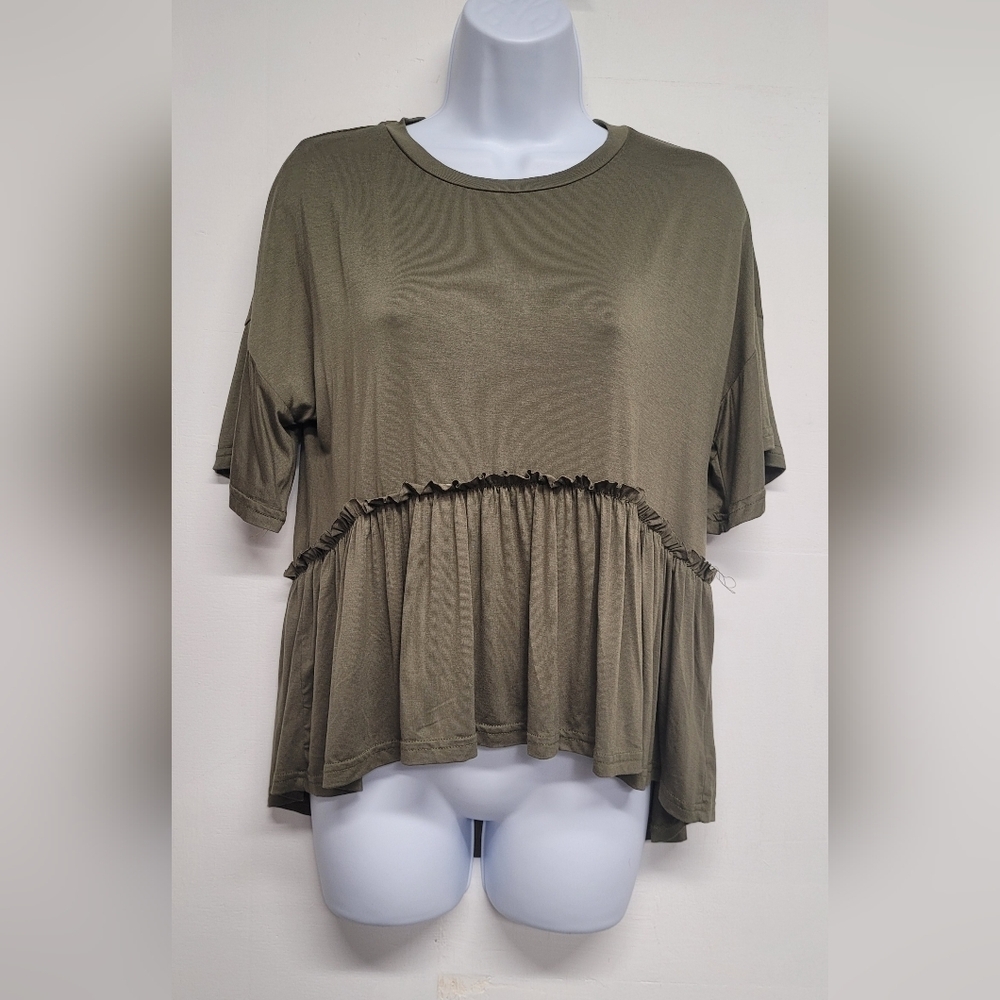 Medium High Low Olive Green Slinky Stretch Baby Doll Top Gathered